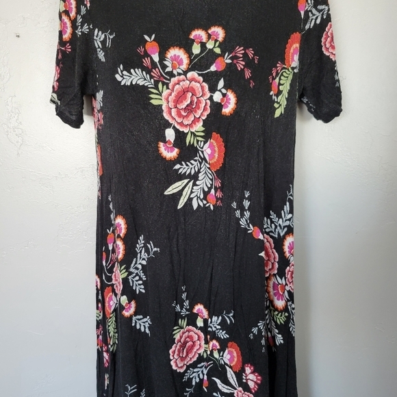 Stevie Hender Large Black Floral Midi Dress Lined Short Sleeve Stretchy Comfy - Picture 3 of 7